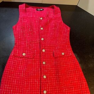 Allegra K Hot Pink Tweed Sleeveless Dress with Gold Buttons
